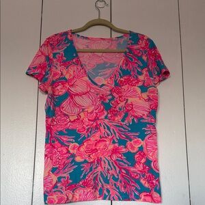 Lilly Pulitzer Pink and Blue Floral V-Neck Tee